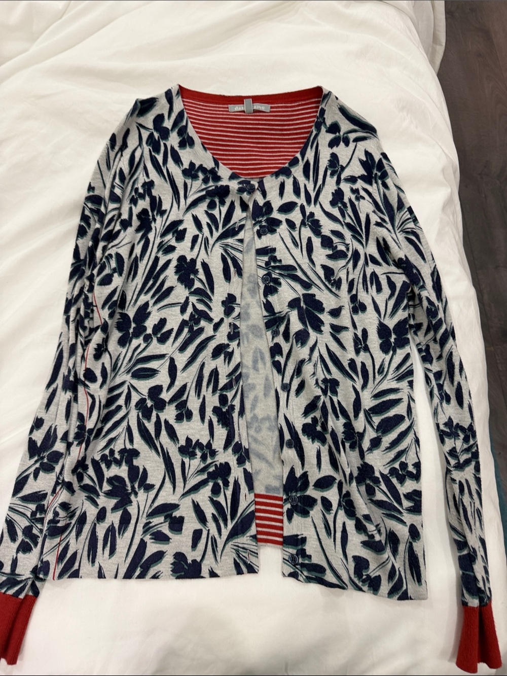 Daniel Rainn Gray Cardigan with Navy Floral Pattern and Brick Red Trim